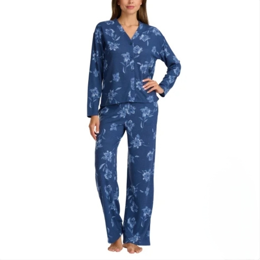 Splendid 2 Piece Pajama Set Blue Floral Top And Pant Size XL Waffle Knit NWOT